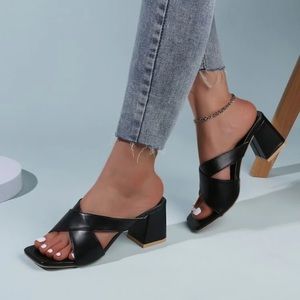 BLACK FAUX LEATHER SANDAL HEELS